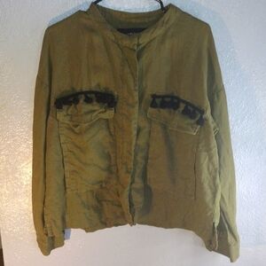Zara Olive Green 100% Linen Jacket L Flawed
